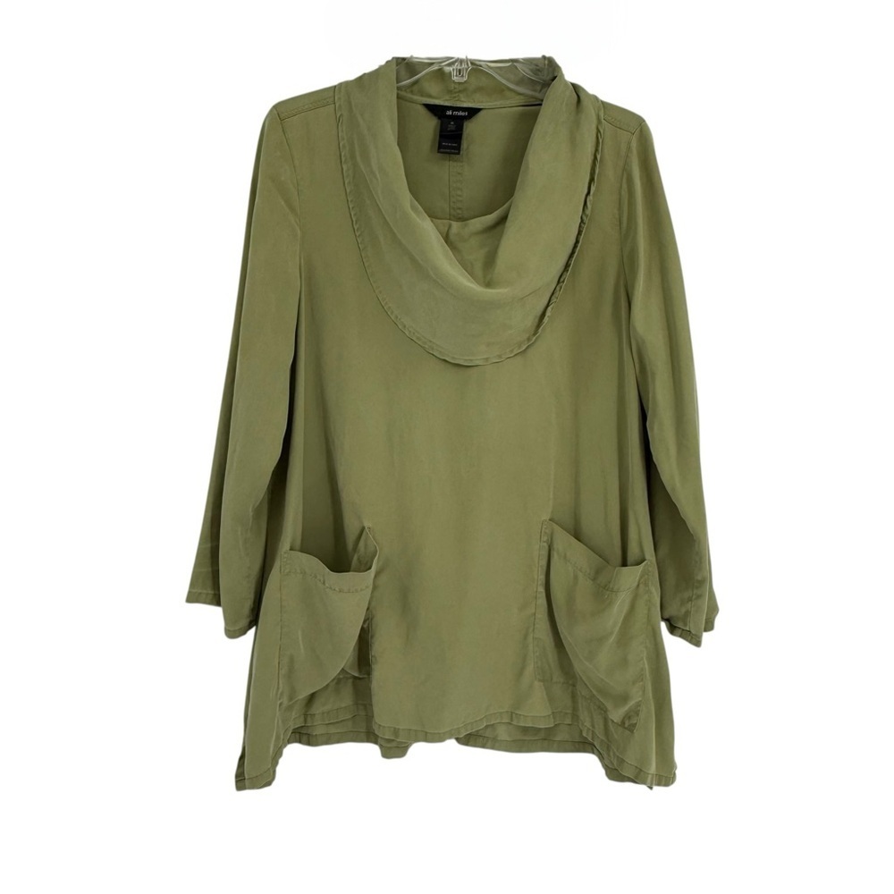 Ali Miles Tunic Top Blouse Size M Cowl Neck Roll Tab Sleeves Lagenlook Green